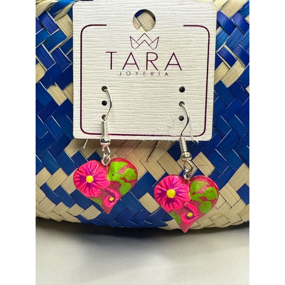 Pink Green Wood Heart Earrings Hand Painted Mexican Folk Art Oaxaca Floral